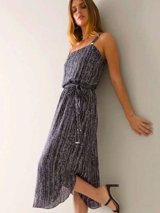 White House Black Market Dresses & Skirts - WHBM Lurex Tank Midi Dress XL Black Linear Graphic NWT $180 Flowy Gold